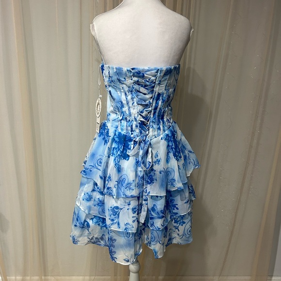 Blue & White Floral Strapless Corset Dress | Lace-Up Back Formal Size 4 - Picture 2 of 3